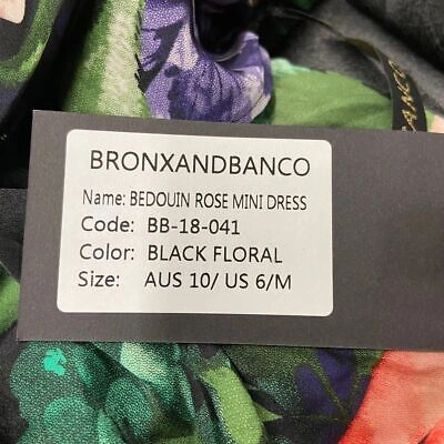 Pre-owned Bronx And Banco Bedouin Satin Mini Dress Women's Size 6 Black Floral In Multicolor