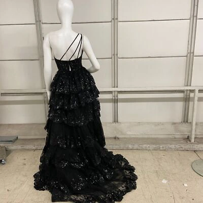 Pre-owned Sherri Hill One Shoulder Tulle Sequin A-line Gown Women's Size 00 In Black