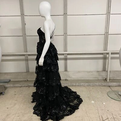 Pre-owned Sherri Hill One Shoulder Tulle Sequin A-line Gown Women's Size 00 In Black