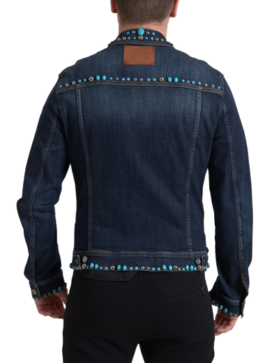 Pre-owned Dolce & Gabbana Jacket Blue Denim Turquoise Stones Studded It48 / Us38/m 3300usd