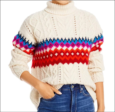 Pre-owned Rag & Bone Sz Large  Sweater Turtleneck Willow Fairisle Cream Wool Knit $450 In White