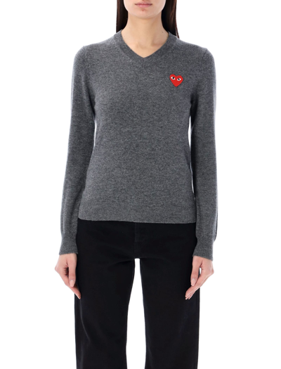 Shop Comme Des Garçons Play Red Heart V-neck Sweater In Grey