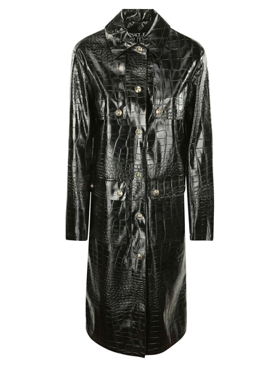 Shop Versace Jeans Couture Embossed Leather Coat In Black