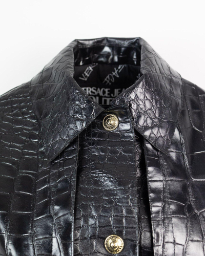 Shop Versace Jeans Couture Embossed Leather Coat In Black