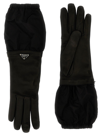Shop Prada Enamel-logo Panelled Gloves In Nero 1