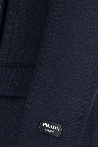 Shop Prada Logo Patch Double-breasted Coat In Blu