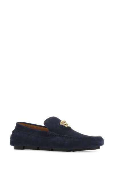 Shop Versace Navy Blue Suede Driver Loafers In V Navy+ Gold