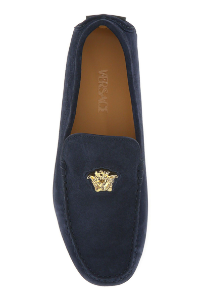 Shop Versace Navy Blue Suede Driver Loafers In V Navy+ Gold