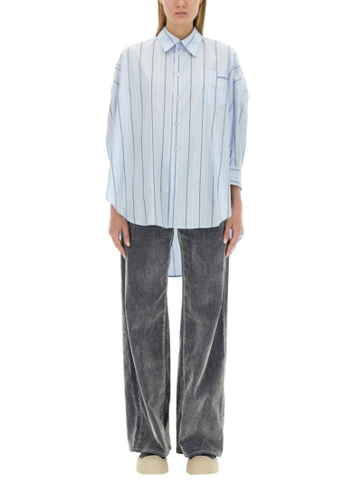 Shop Marni Logo Embroidered Striped Shirt In Clear Blue