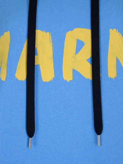 Shop Marni Logo Printed Drawstring Hoodie In Blue