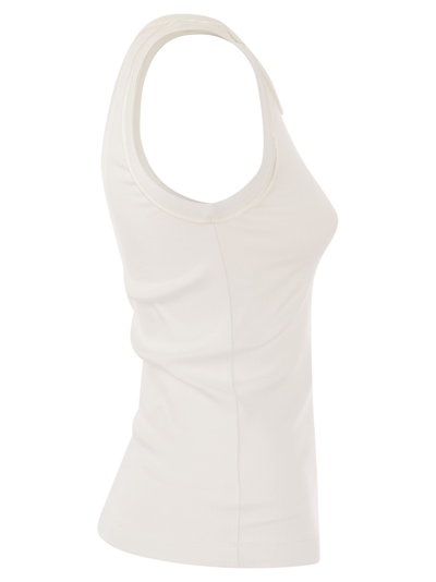Shop Brunello Cucinelli Stretch Cotton Rib Jersey Top With Satin Trims In White