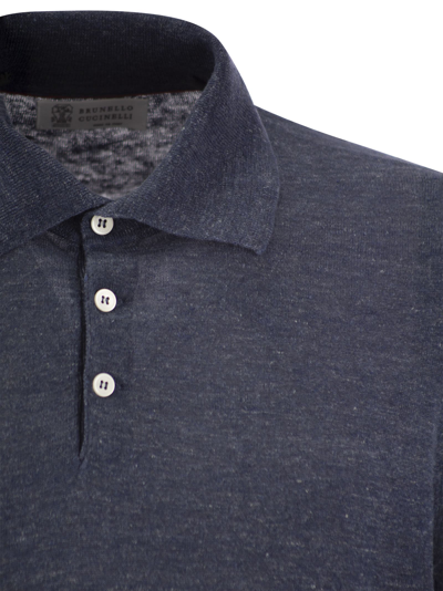 Shop Brunello Cucinelli Linen And Cotton Knit Polo Shirt In Blue