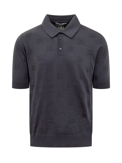 Shop Dolce & Gabbana Silk Polo Shirt With Dg Embroidery In Blu Scurissimo