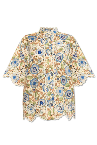 Shop Zimmermann Junie Embroidered Short-sleeved Shirt In Bianco