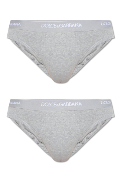Shop Dolce & Gabbana Set Of Two Logo Waistband Briefs In Grigio Melange
