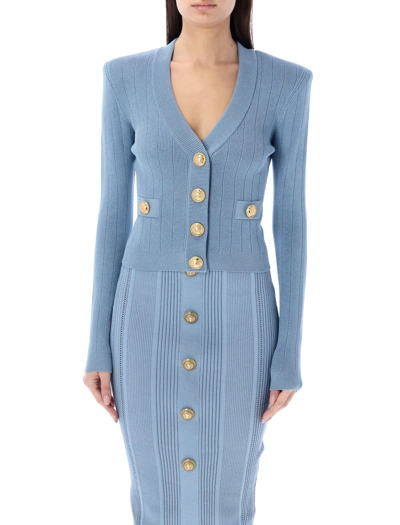 Shop Balmain Gold Buttons Knit Cardigan In Pale Blue