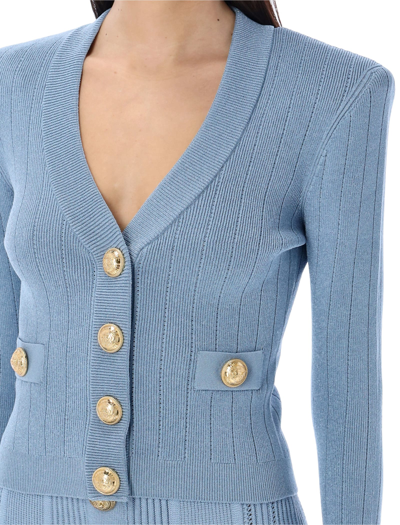 Shop Balmain Gold Buttons Knit Cardigan In Pale Blue