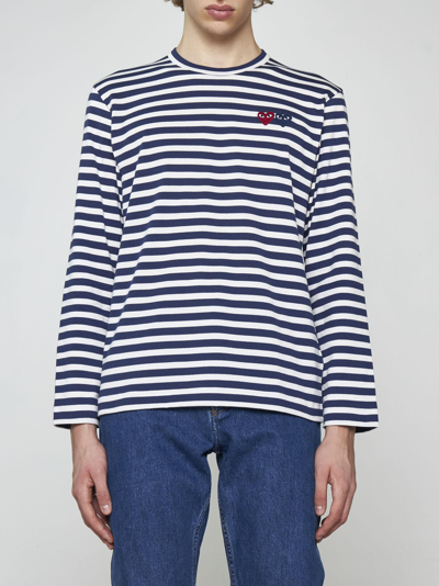 Shop Comme Des Garçons Play Logo-patch Striped Cotton T-shirt In Blu Navy