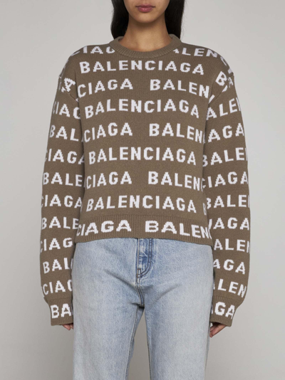 Shop Balenciaga Logo Wool Cropped Sweater In Beige