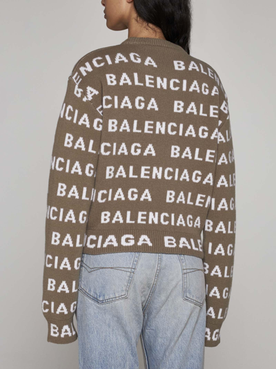 Shop Balenciaga Logo Wool Cropped Sweater In Beige