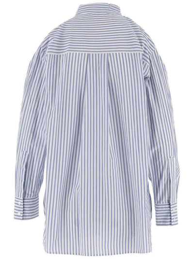 Shop Pinko Logo-embroidered Striped Curved Hem Shirt In Bianco E Azzurro