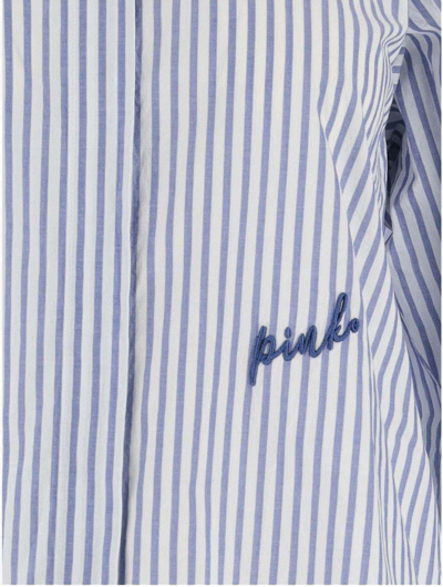 Shop Pinko Logo-embroidered Striped Curved Hem Shirt In Bianco E Azzurro