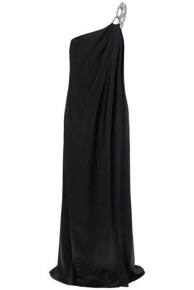 Shop Stella Mccartney Falabella Embellished Chain-linked Satin Gown In Nero