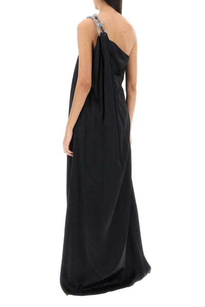 Shop Stella Mccartney Falabella Embellished Chain-linked Satin Gown In Nero