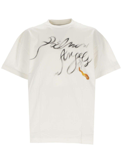 Shop Palm Angels Logo Printed Crewneck T-shirt In Bianco