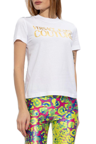 Shop Versace Jeans Couture Logo Printed Crewneck T-shirt In Bianco E Oro