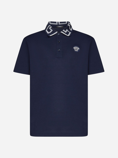 Shop Versace Medusa And Greca Cotton Polo Shirt In Blu Navy
