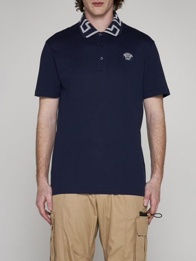 Shop Versace Medusa And Greca Cotton Polo Shirt In Blu Navy