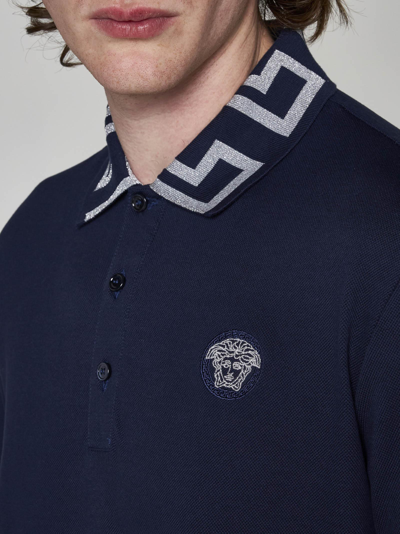 Shop Versace Medusa And Greca Cotton Polo Shirt In Blu Navy