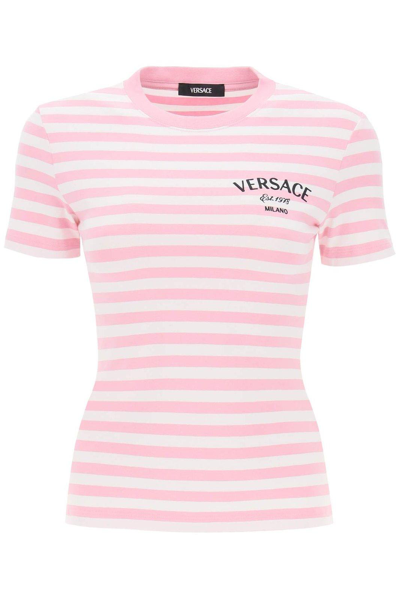 Shop Versace Logo-embroidered Crewneck Striped T-shirt In Bianco E Rosa