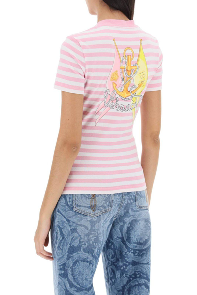 Shop Versace Logo-embroidered Crewneck Striped T-shirt In Bianco E Rosa
