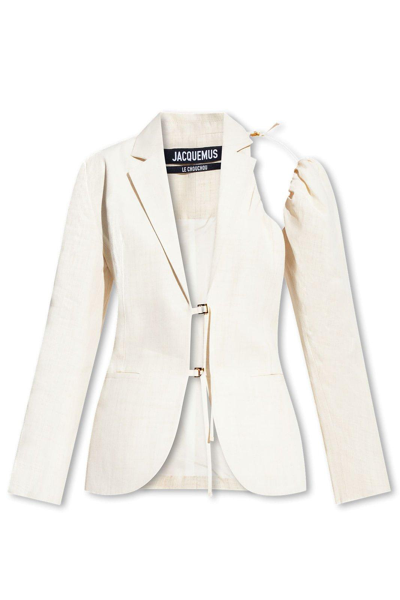 Jacquemus Linen Blazer Jacket With Off-shoulder Puff Sleeve In Bianco