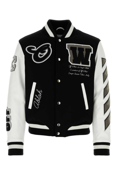 Shop Off-white Lea Appliqu Ong-sleeved Varsity Jacket In Nero