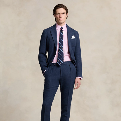 Shop Ralph Lauren Herringbone Linen-wool Suit Trouser In Navy/blue Multi