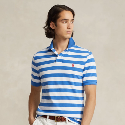 Shop Ralph Lauren Classic Fit Striped Mesh Polo Shirt In Blue/white