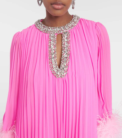Shop Self-portrait Feather-trimmed Chiffon Midi Dress In Pink