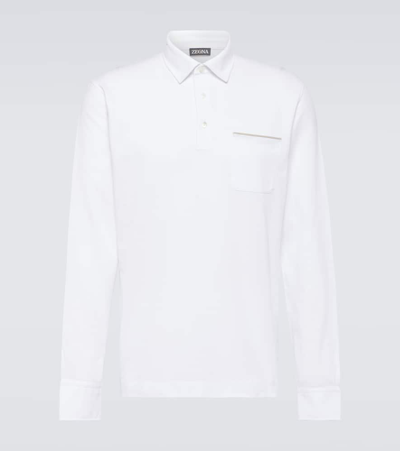 Shop Zegna Long-sleeved Cotton Piqué Polo Shirt In White
