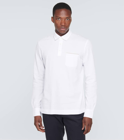 Shop Zegna Long-sleeved Cotton Piqué Polo Shirt In White