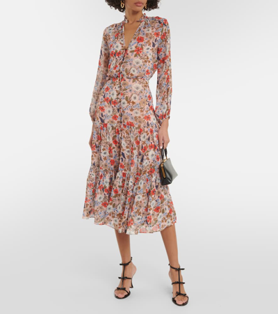Shop Veronica Beard Zovich Tiered Floral Midi Dress In Multicoloured