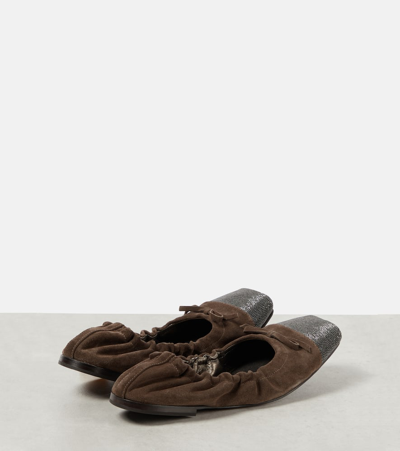 Brunello Cucinelli Suede Monili Cap-toe Ballerina Flats In Beige