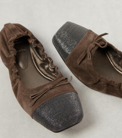 Brunello Cucinelli Suede Monili Cap-toe Ballerina Flats In Beige