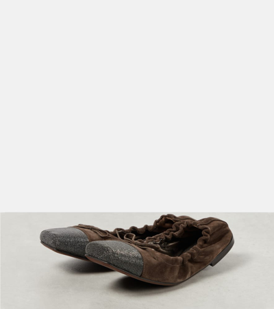 Brunello Cucinelli Suede Monili Cap-toe Ballerina Flats In Beige