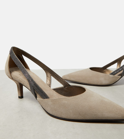 Brunello Cucinelli Embellished Suede Slingback Pumps In Beige