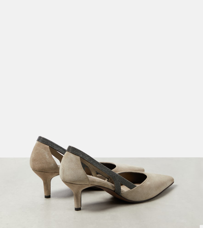 Brunello Cucinelli Embellished Suede Slingback Pumps In Beige