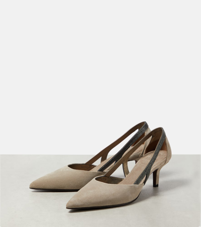 Brunello Cucinelli Embellished Suede Slingback Pumps In Beige