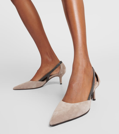 Brunello Cucinelli Embellished Suede Slingback Pumps In Beige